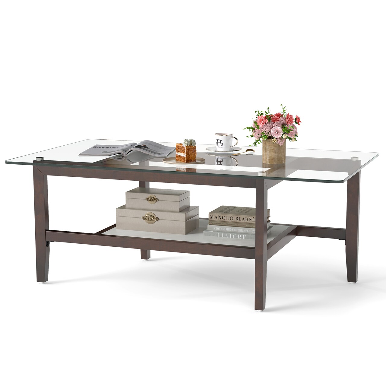 Rectangular 42-Inch Glass Coffee Table with 2 Tiers and Storage Shelf